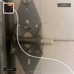 broken Hinge and old roller replaced with New Heavy Duty Quiet Hing and 

Specifications:
Component: Roller installation
Bearing Type: 6200ZZ
Coating: Nylon coated
Shaft Diameter: 10 mm
Roller Width: 30 mm
Maximum Load Capacity: 4,500 N
Operating Temperature Range: -20°C to 120°C
Recommended Lubrication: Lithium-based grease