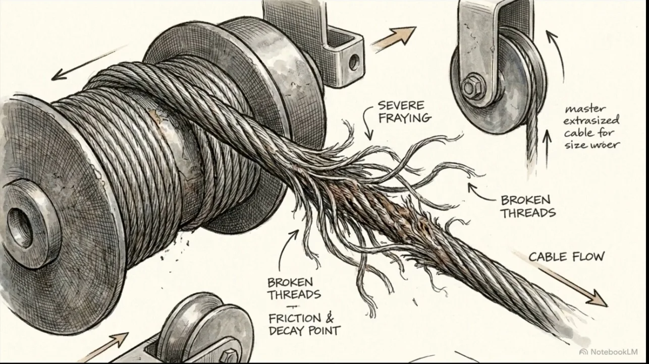 Illustrated garage door lift cable showing severe fraying, broken wire strands, drum wear, and cable travel toward the pulley