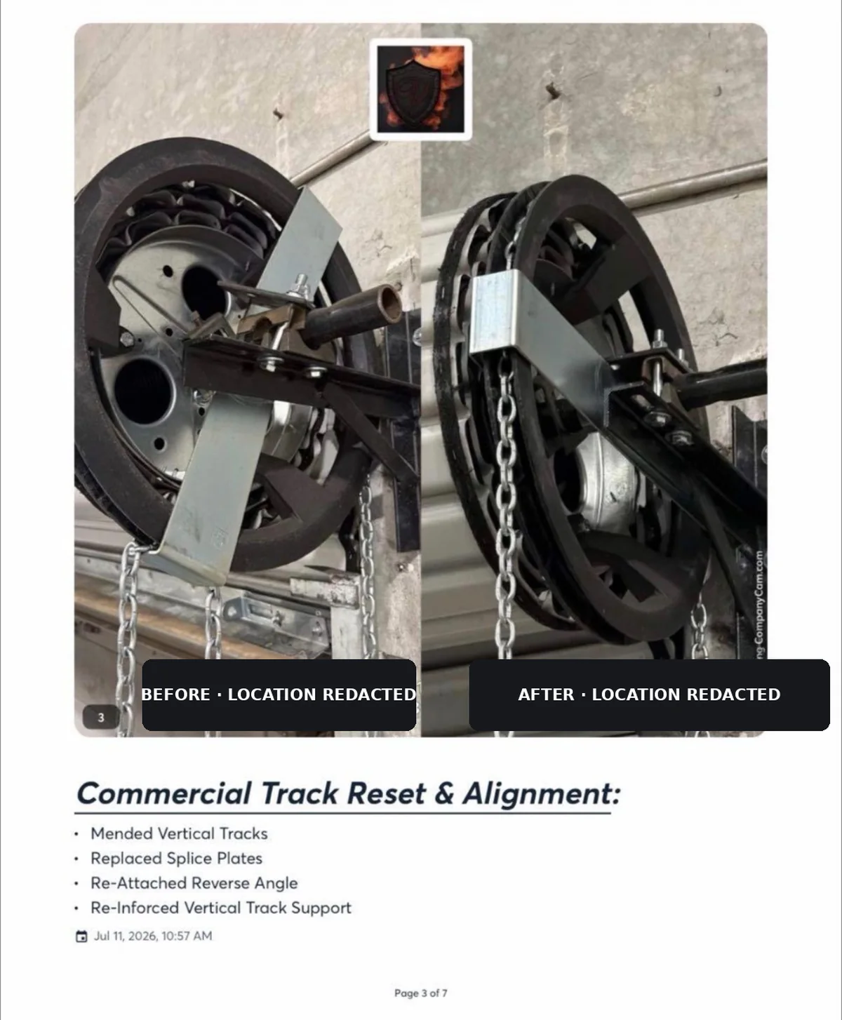Location-redacted commercial track reset before and after report page