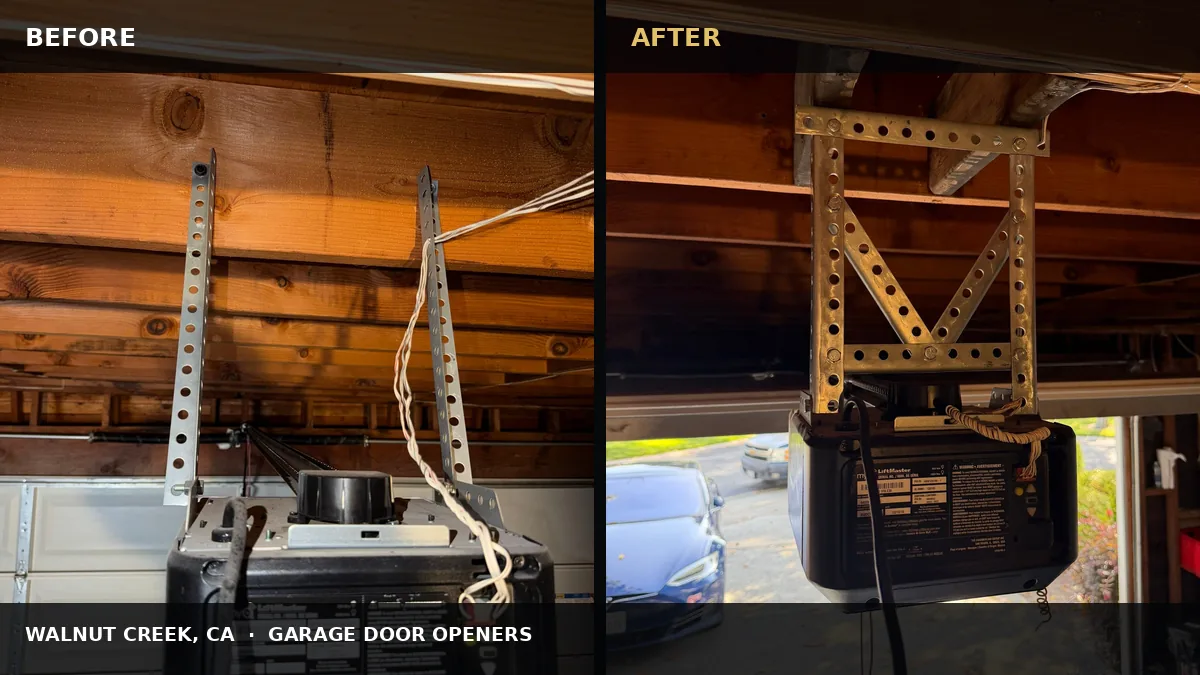 Walnut Creek Garage Door Opener Mount and Wiring Upgrade before and after comparison
