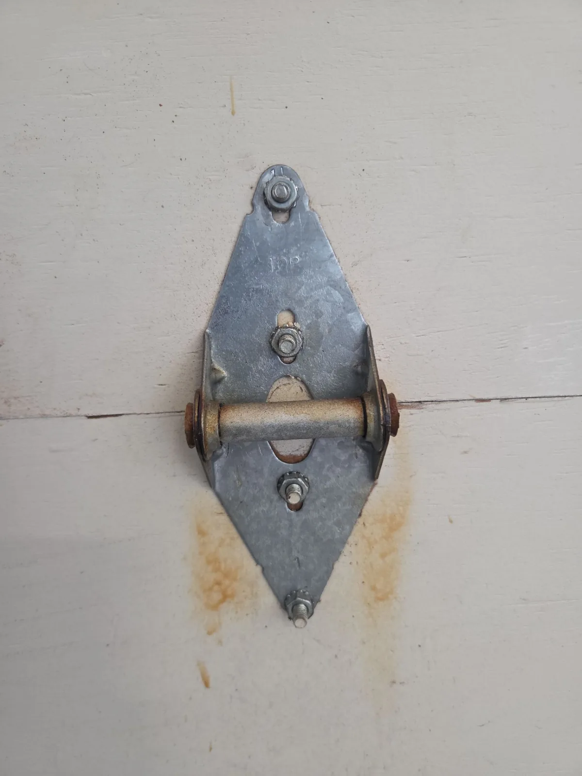 Rusty hinge on the first section of a garage door.