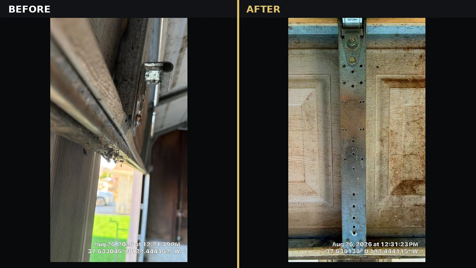 Before-and-after comparison of a detached and repaired garage door center stile in San Bruno.