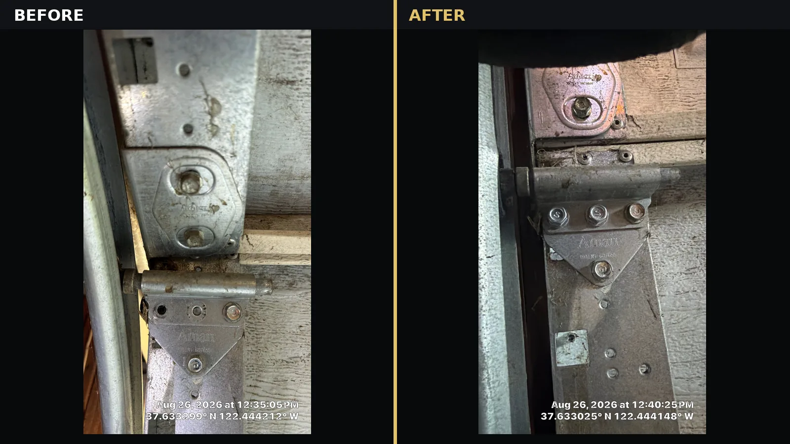 Before-and-after comparison of a detached and repaired garage door hinge mount in San Bruno.