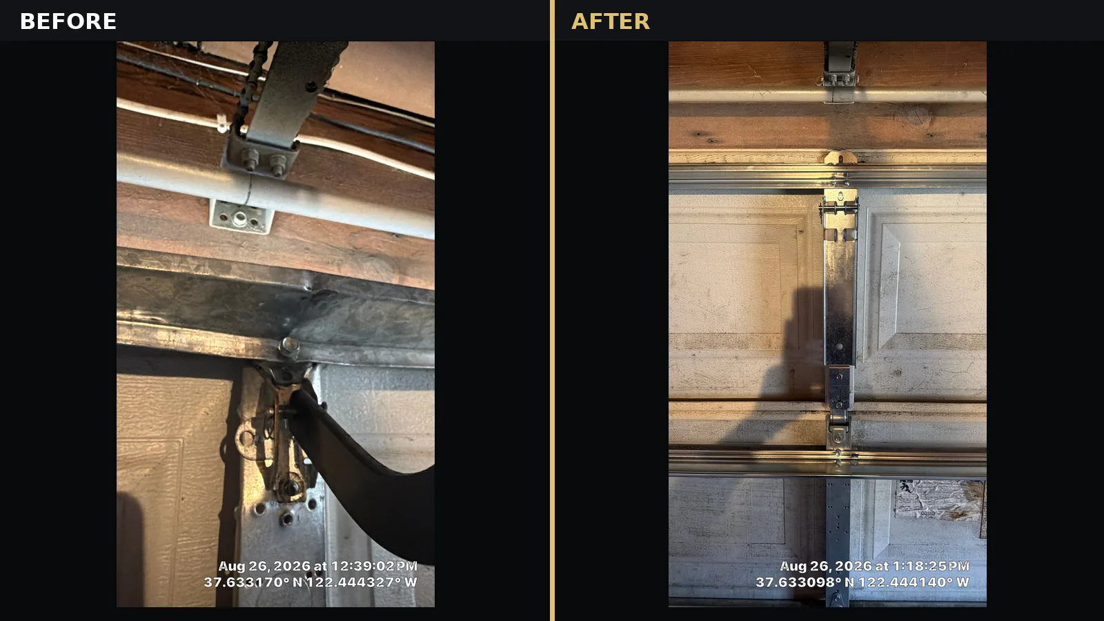 Before-and-after comparison of a detached operator bracket and reinforced center stile in San Bruno.