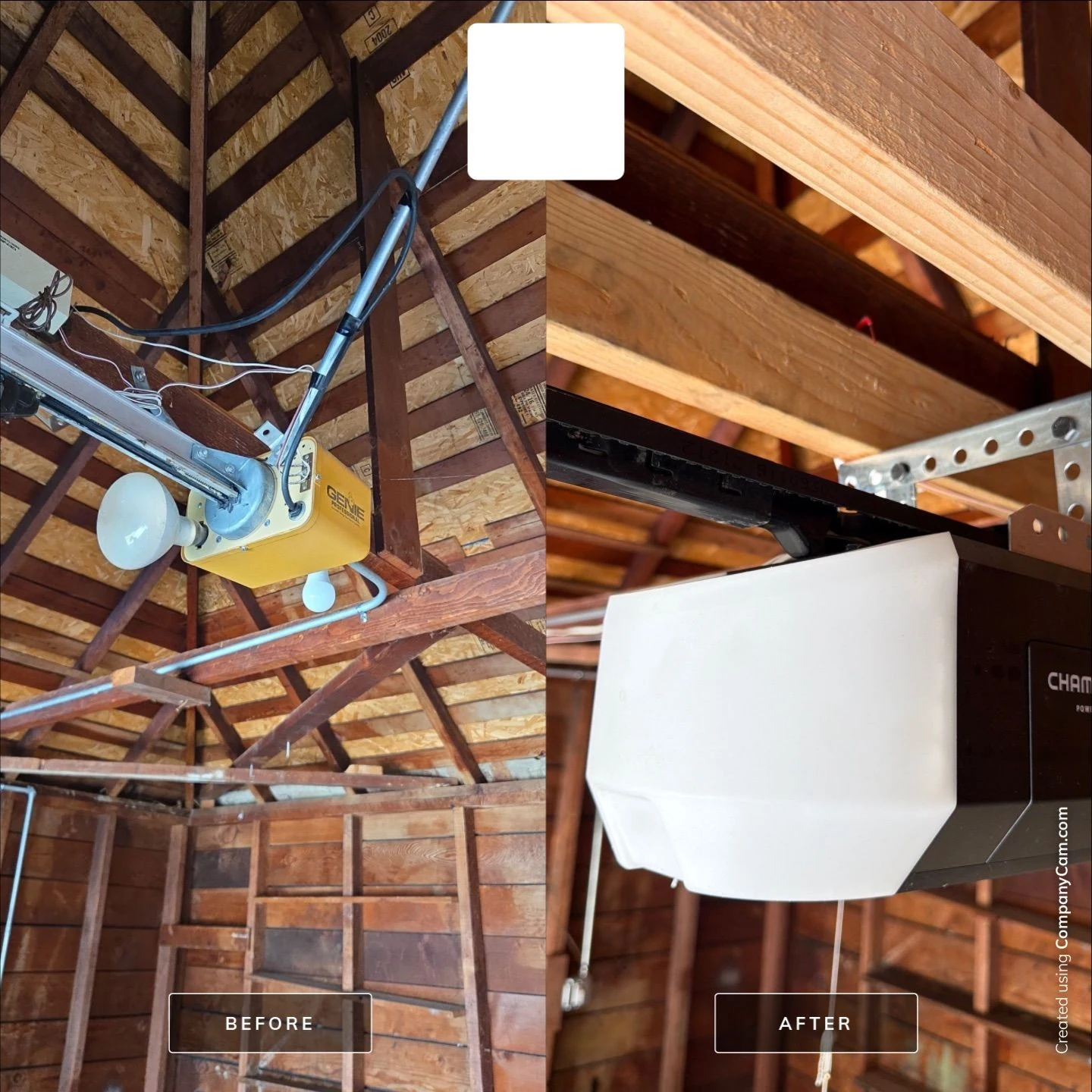 CompanyCam-made before-and-after comparison showing old and new garage door openers installed in San Mateo.