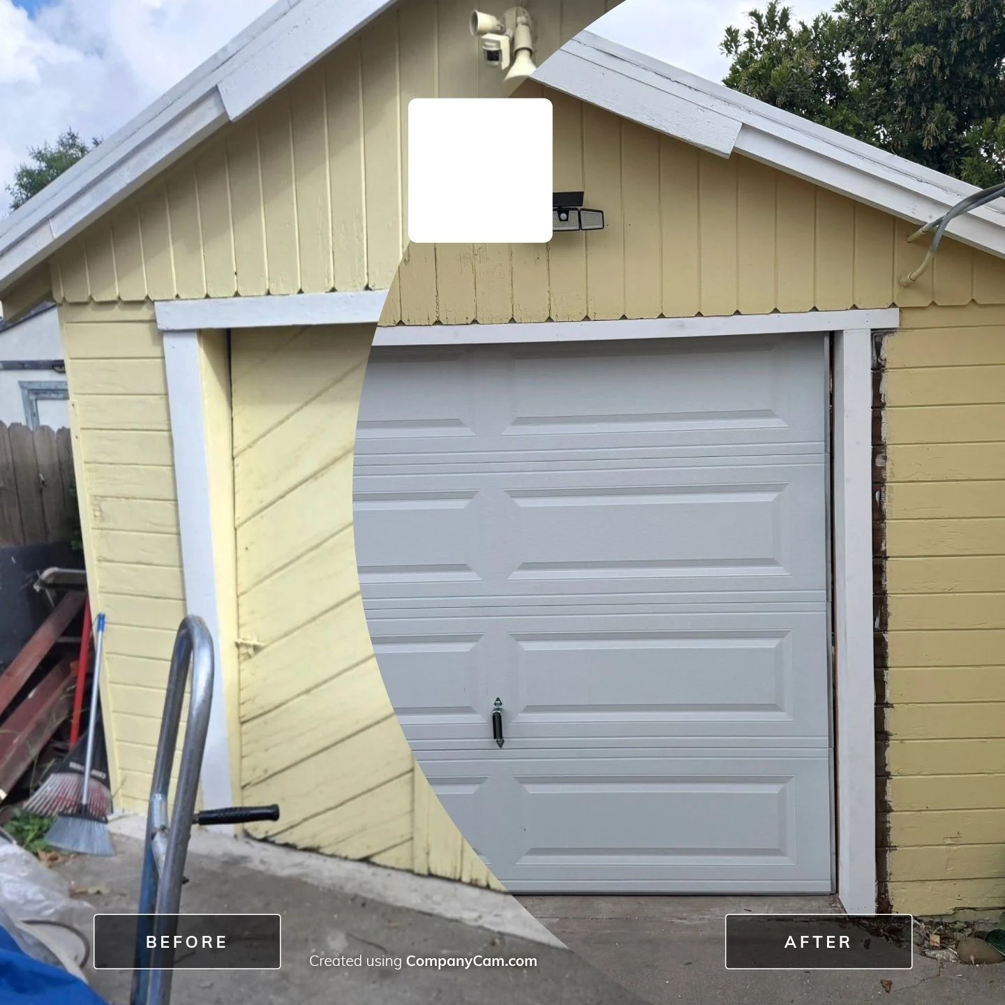 CompanyCam-made before-and-after comparison of a Livermore sectional garage door installation.
