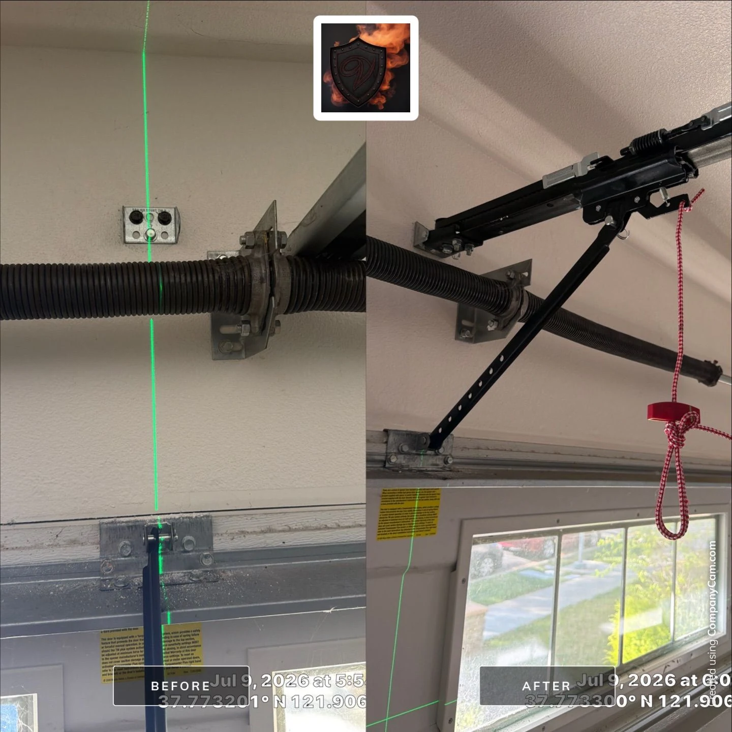 CompanyCam-made before-and-after comparison of San Ramon torsion center plate and opener hardware.