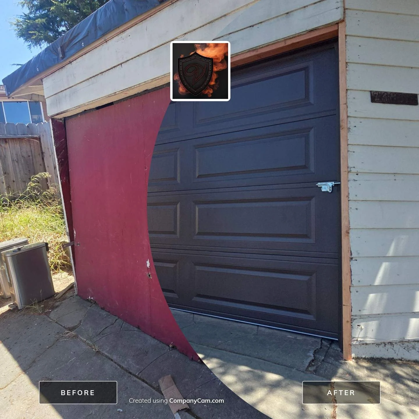 CompanyCam-made before-and-after comparison of a Hayward garage door replacement.