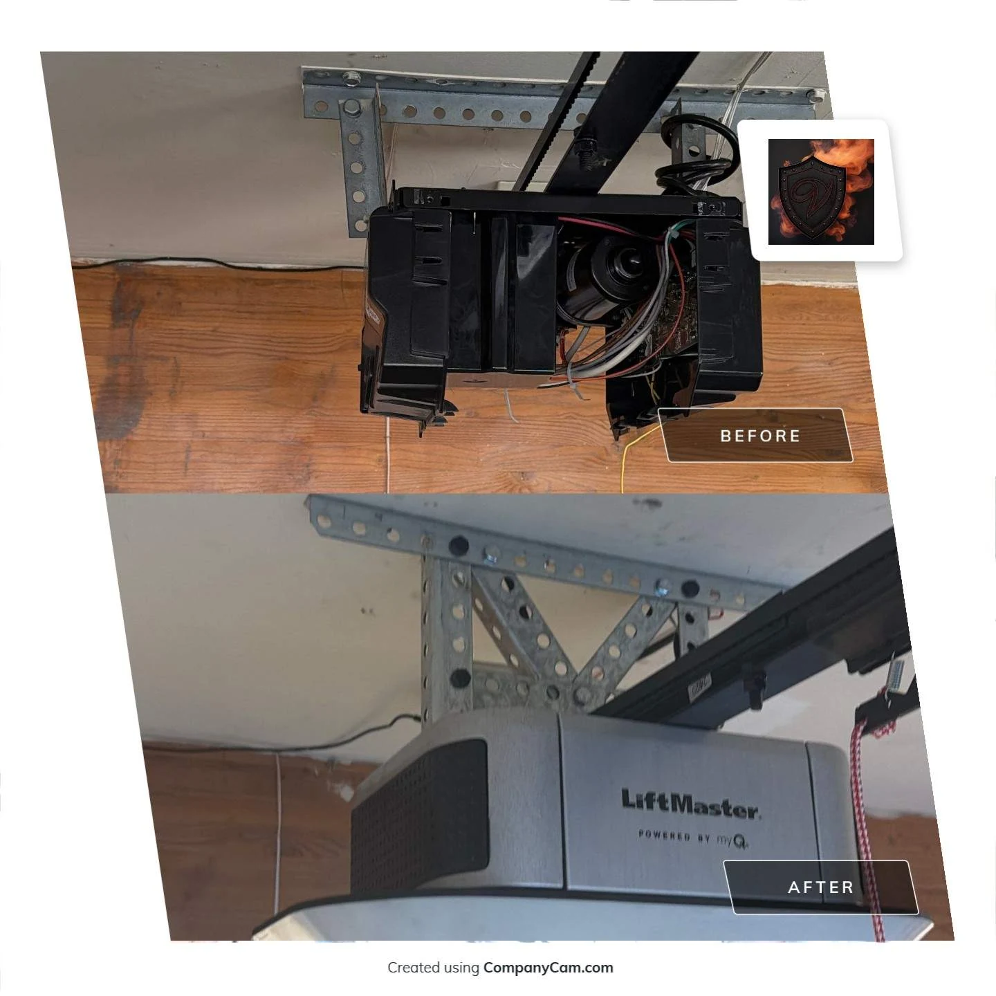 CompanyCam-made before-and-after comparison of installed garage door openers in Pleasanton.
