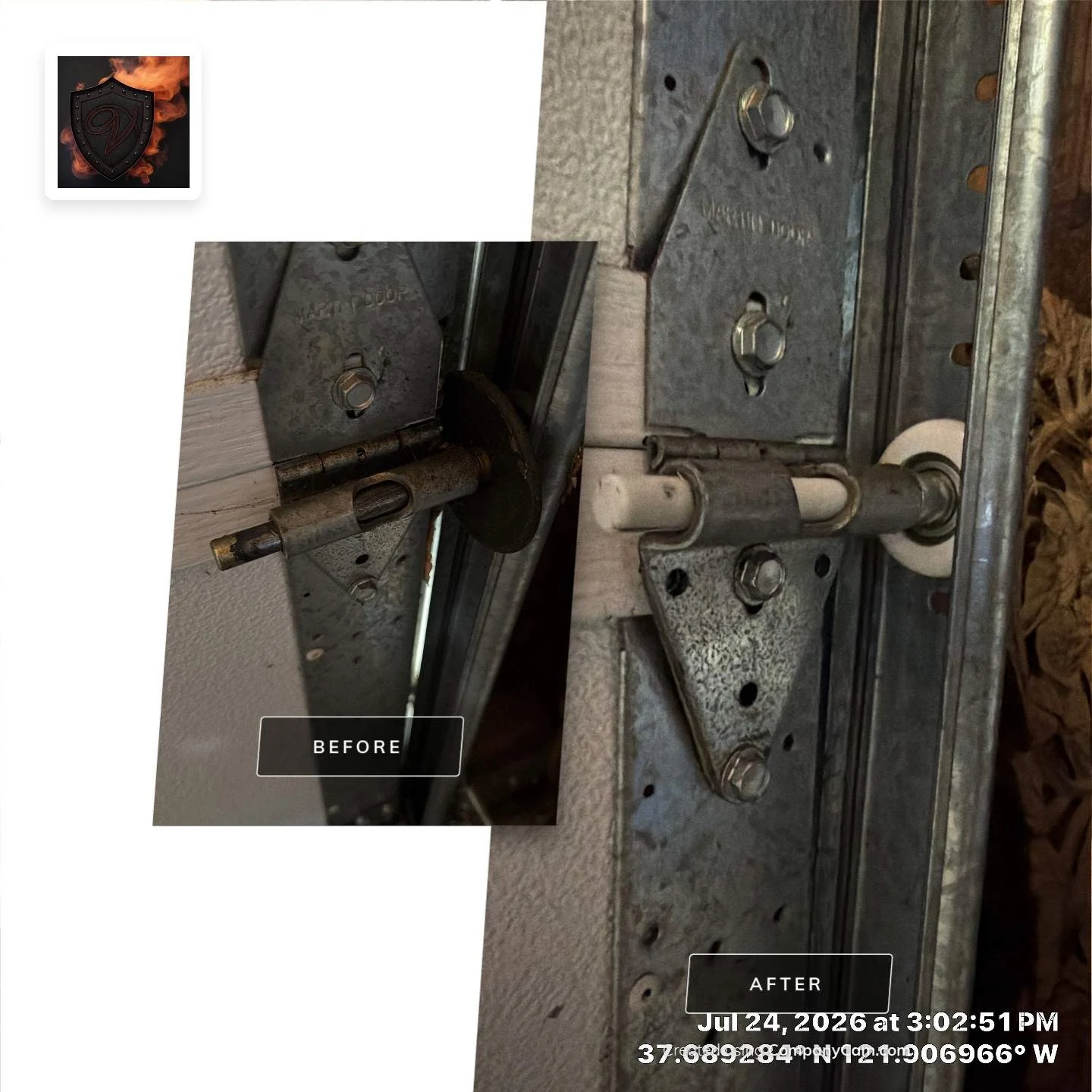 CompanyCam-made before-and-after comparison of Pleasanton garage door hinge and roller hardware.