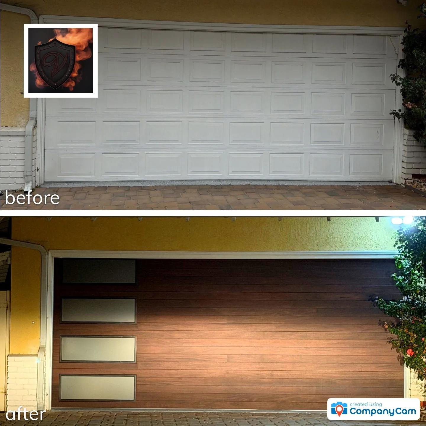 CompanyCam-made before-and-after comparison of a Fremont CHI plank-style garage door replacement.