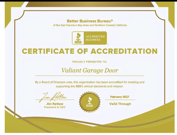 Better Business Bureau certificate of accreditation for Valiant Garage Door valid through February 2027