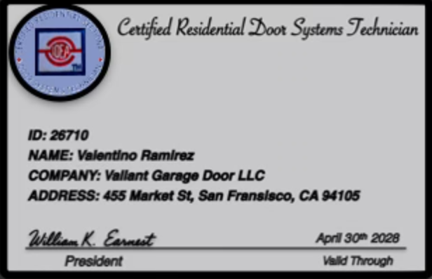 IDEA Residential Door Systems Technician — Valentino Ramirez, certified through 2028
