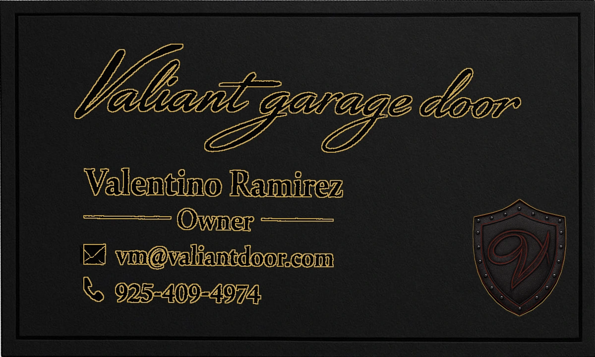 Valiant Garage Door black owner card for Valentino Ramirez with gold lettering