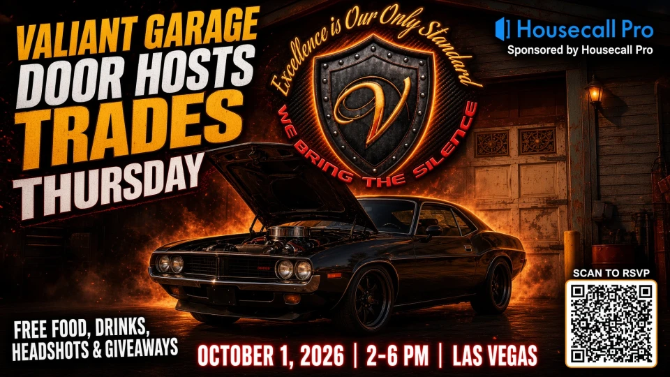 Valiant Garage Door and Housecall Pro Trades Thursday Las Vegas event flyer. Free event October 1, 2026, from 2 to 6 PM near Chinatown, hosted by Valentino Ramirez.