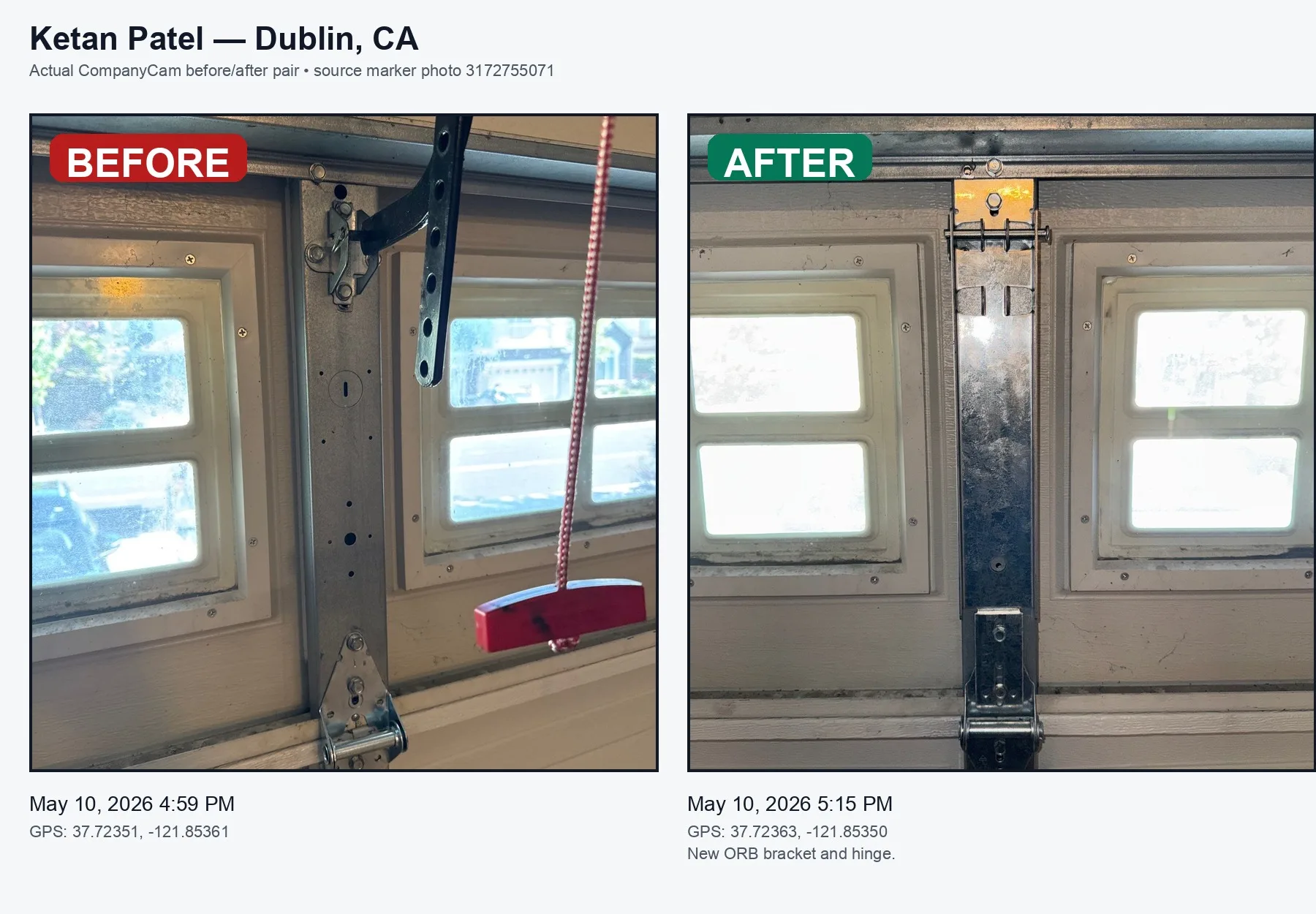 Dublin garage door bracket and hinge repair before and after