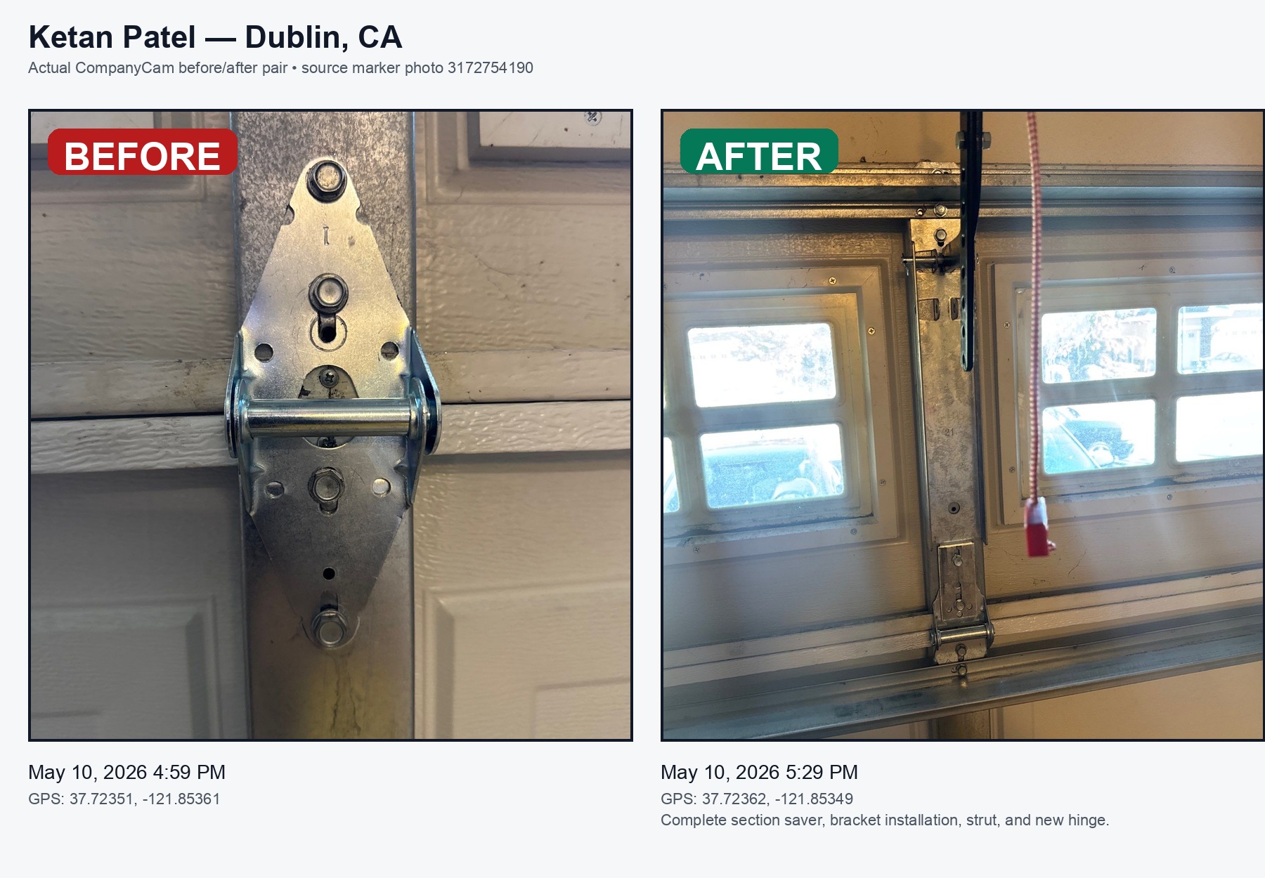 Dublin garage door section hardware before and after proof