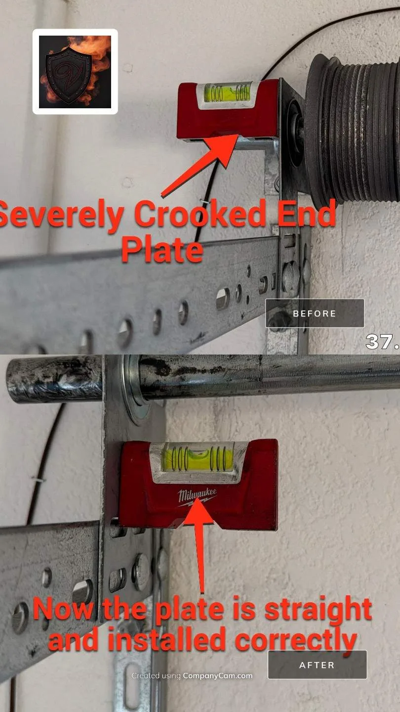 Pleasanton garage door end plate before and after, showing the severely crooked end plate corrected to level
