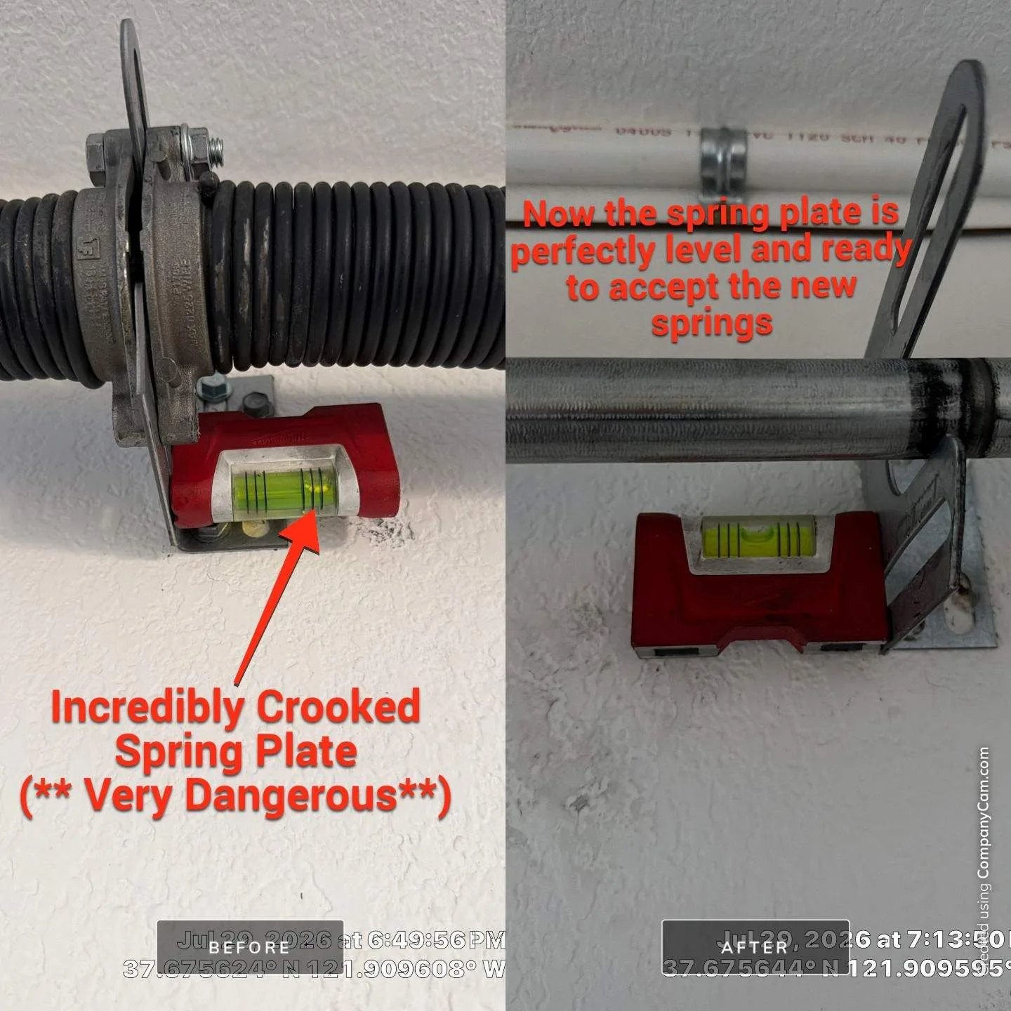 Pleasanton garage door spring plate before and after, showing the incredibly crooked spring plate corrected to level
