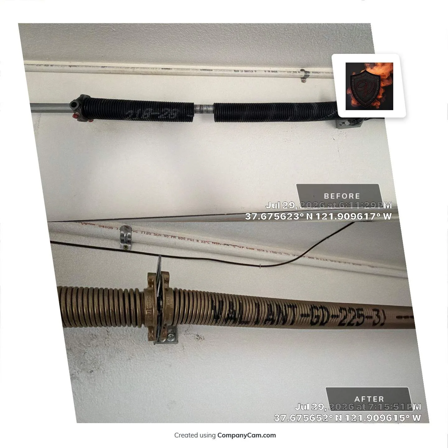 Pleasanton garage door torsion spring before and after replacement with a new Valiant spring