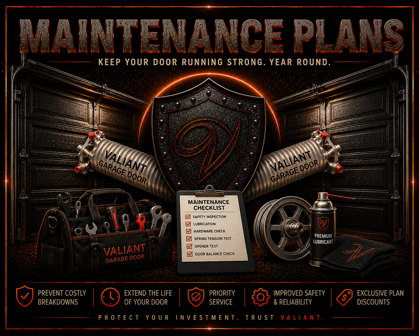 Valiant Garage Door finishing framing hero with framing, springs, tools, and shield branding