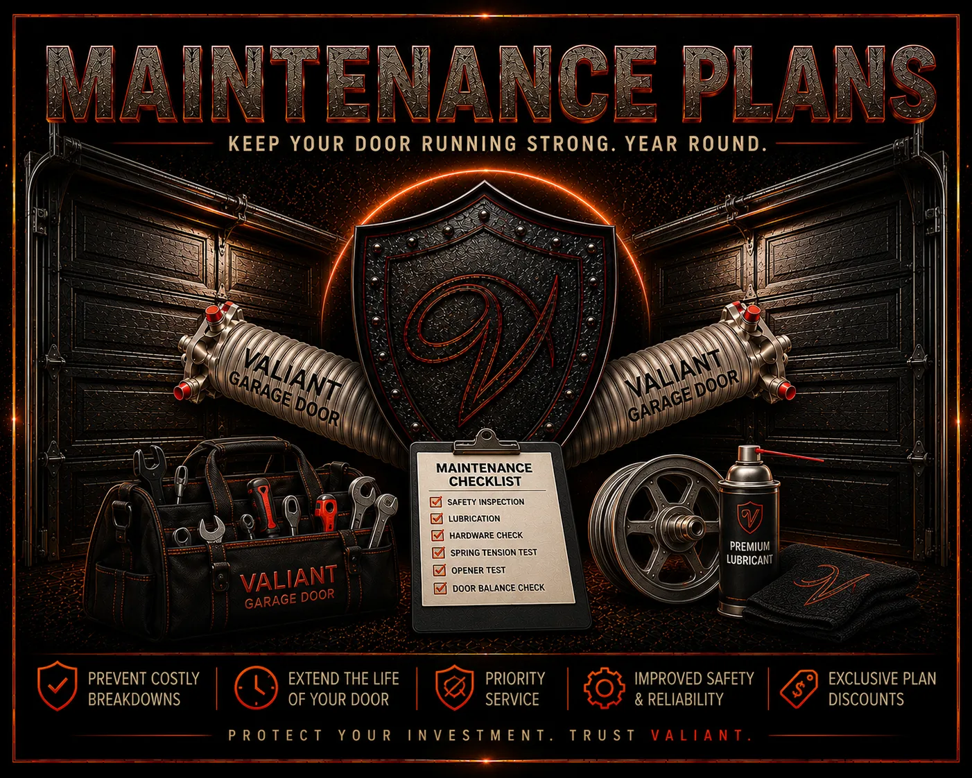 Valiant Garage Door finishing framing hero with framing, springs, tools, and shield branding