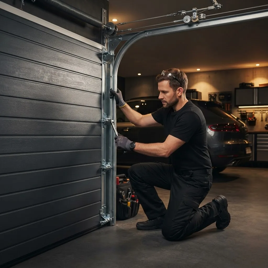 Technician inspecting the track and hardware during a garage door tune-up