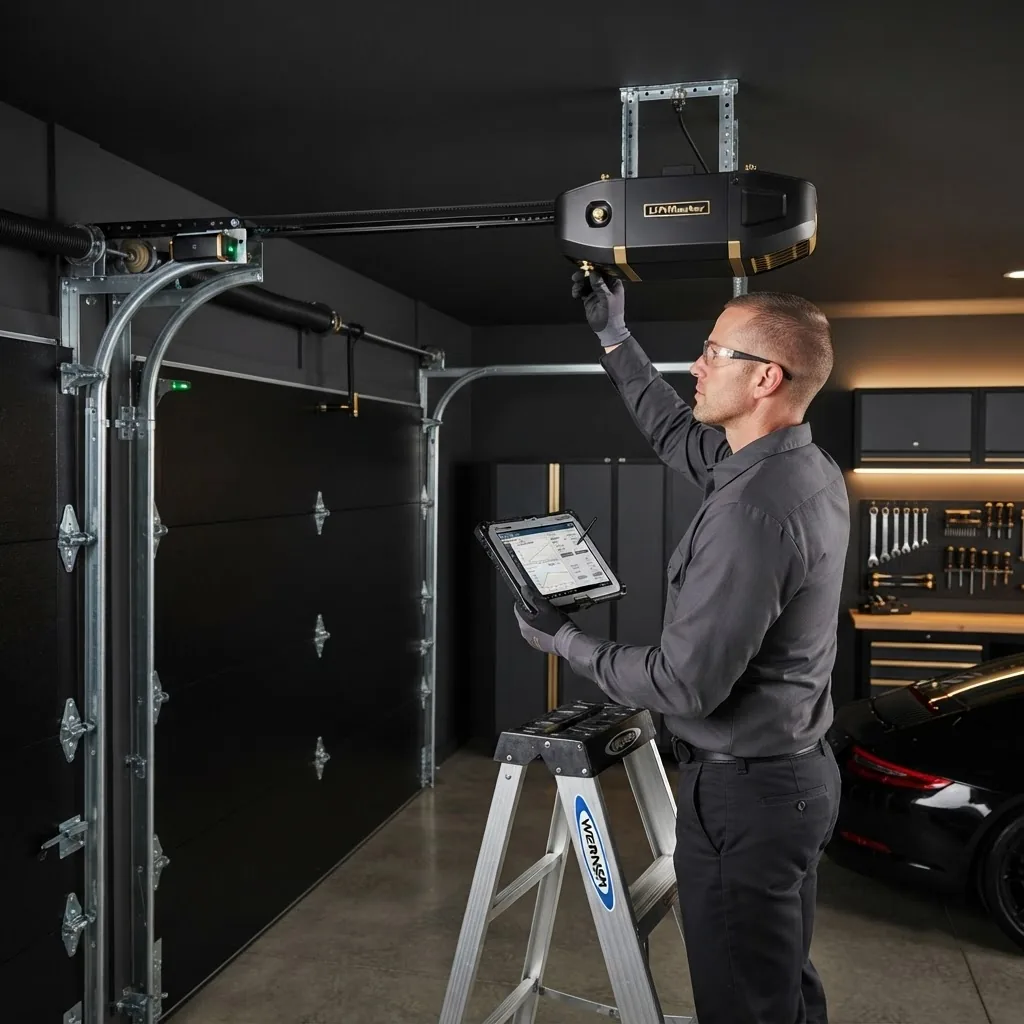 Technician calibrating a garage door opener for smoother performance