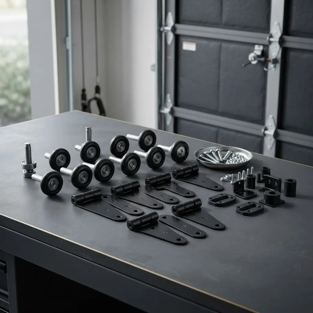 Quiet garage door rollers, hinges, and upgraded hardware arranged as a Stealth Kit