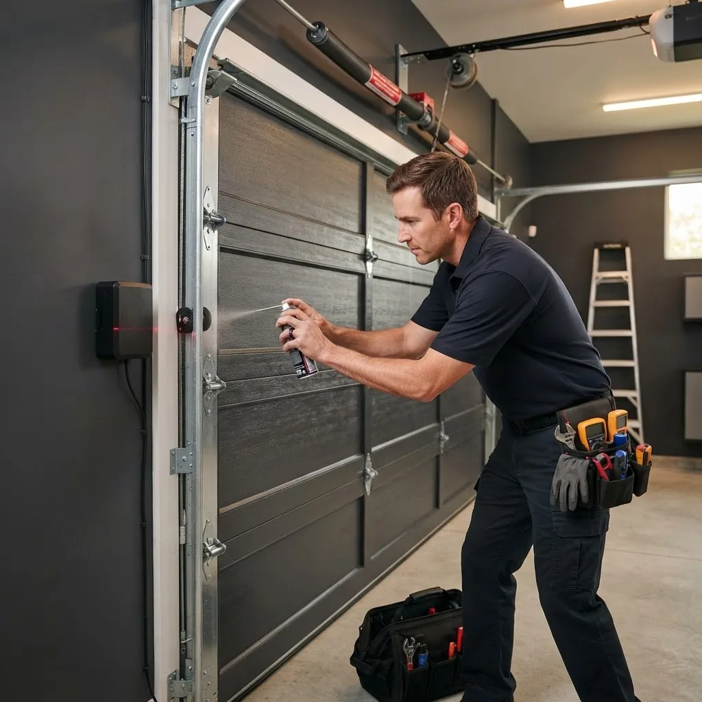 Technician lubricating garage door hinges during annual preventive maintenance