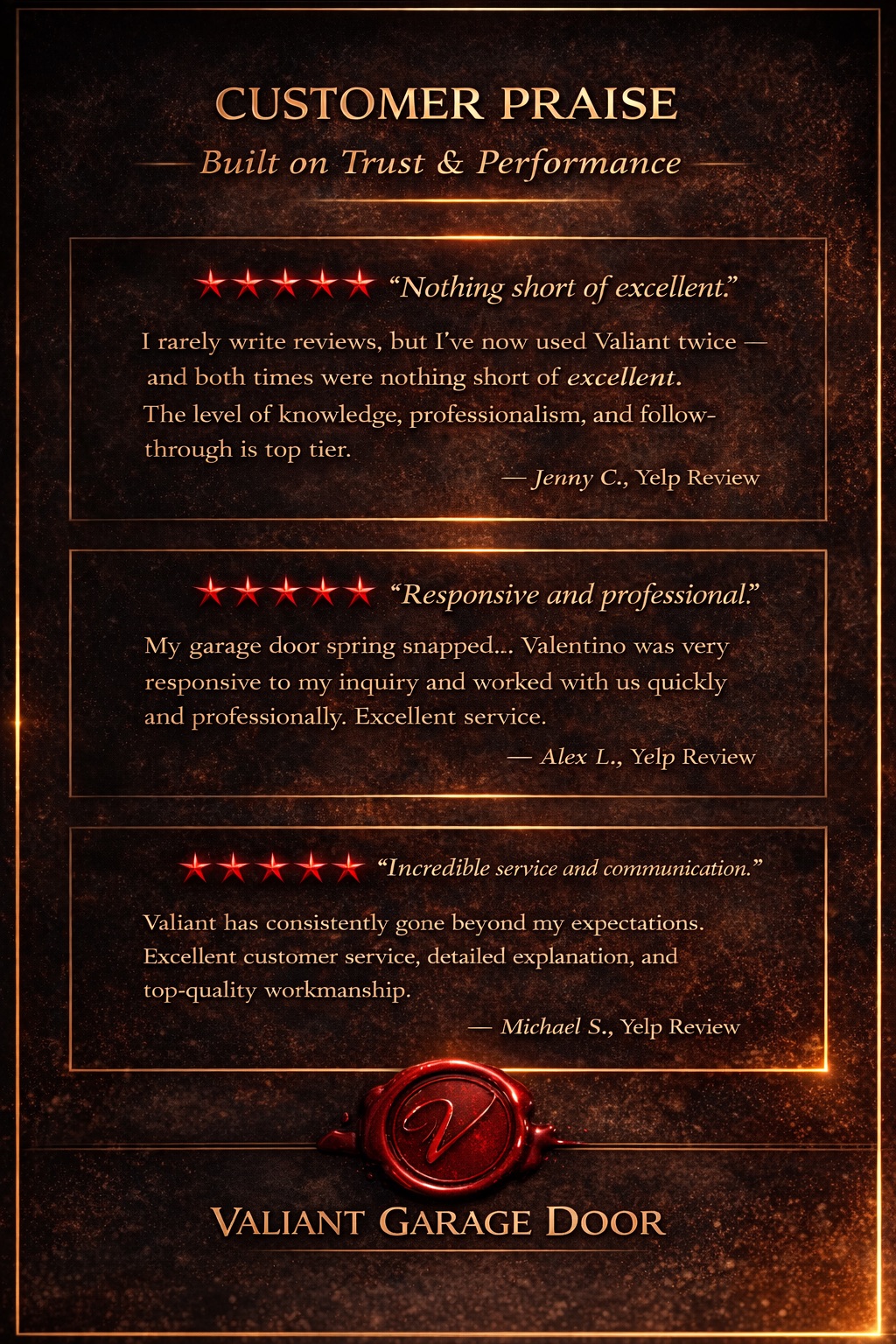 Valiant Garage Door customer praise artwork with five-star review highlights