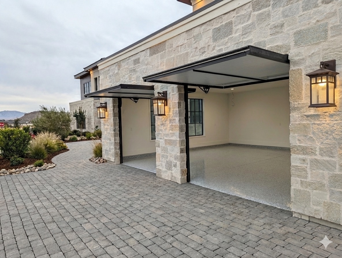 Official Moenave media showing trackless pivot garage door systems