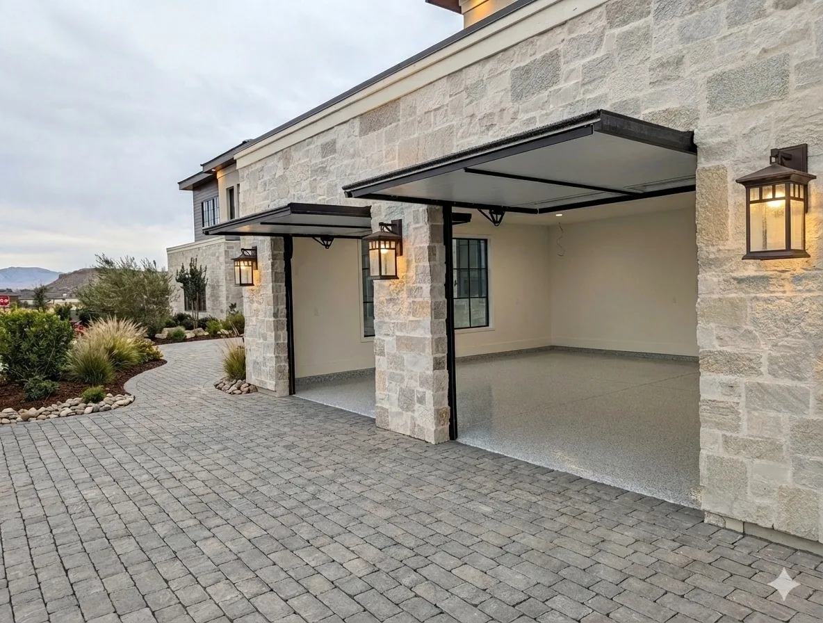 Official Moenave media showing trackless pivot garage door systems