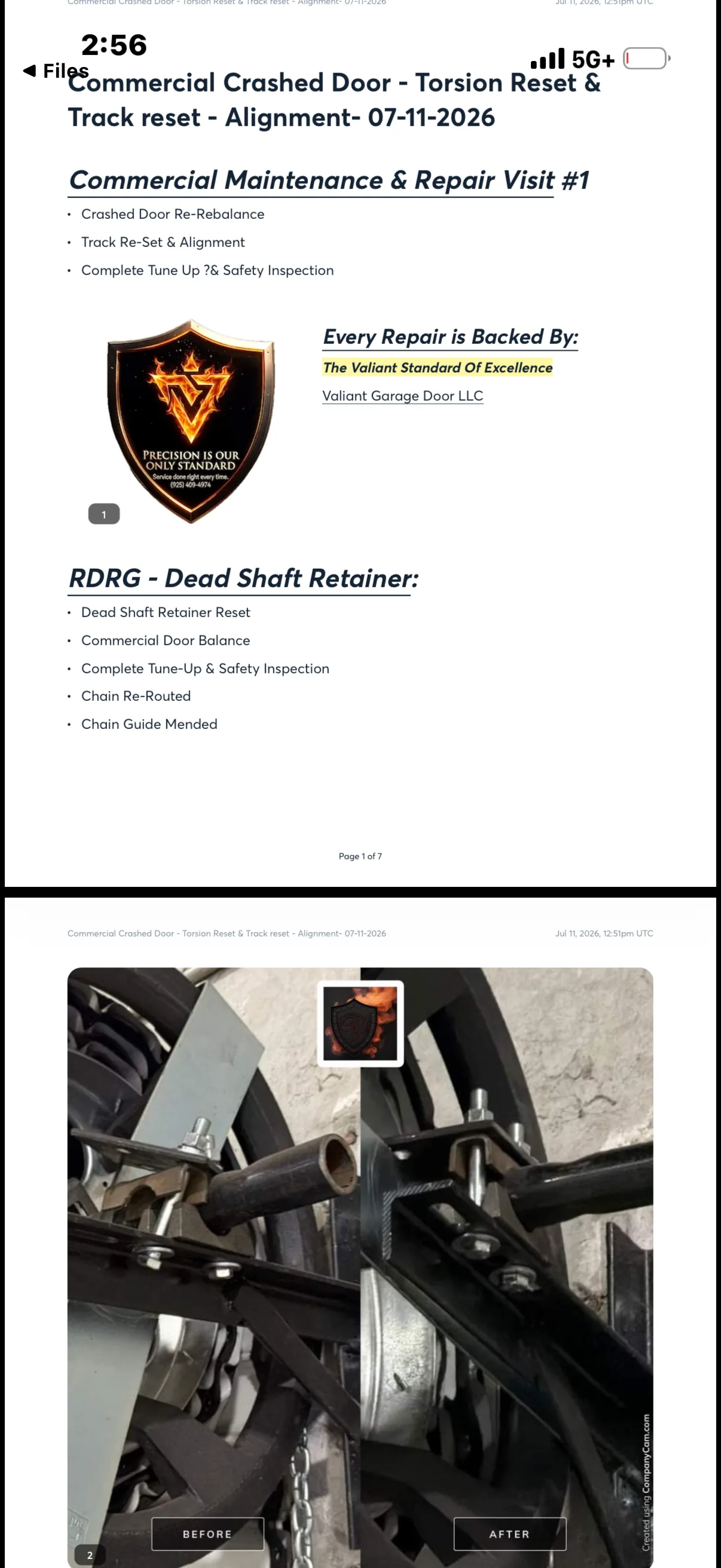 Valiant Garage Door CompanyCam report summary page listing the commercial torsion reset, track alignment, and complete safety inspection performed