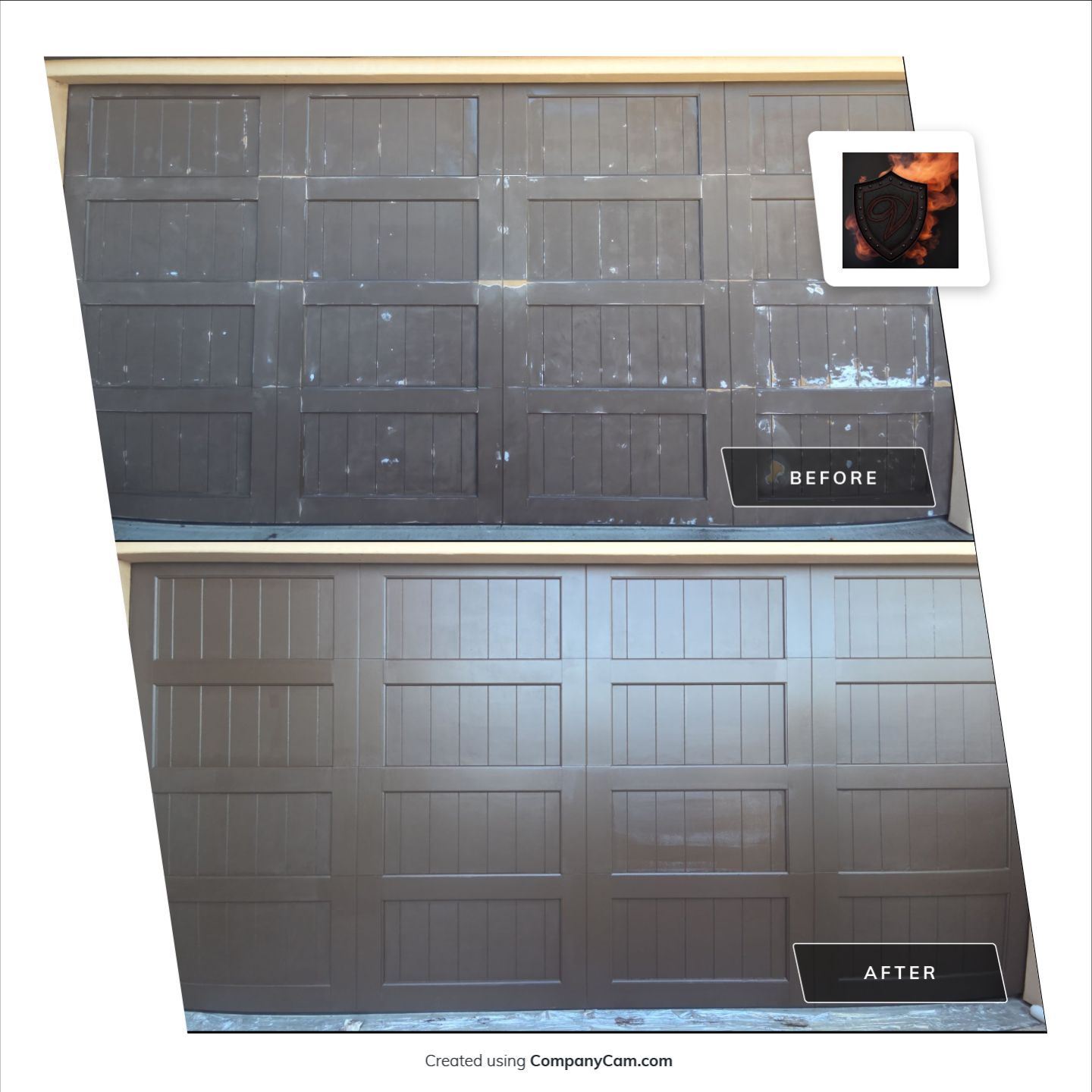 Before and after of a Sunol wood-look garage door refinished by Valiant Garage Door: the top shows chipped, peeling paint and the bottom shows a smooth, uniform finish