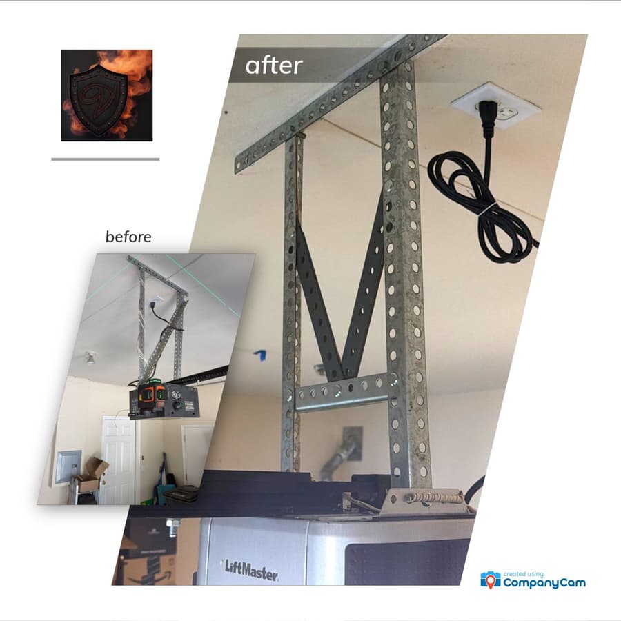 Before and after of a LiftMaster garage door opener remounted on new galvanized steel angle-iron bracing with the power cord neatly coiled at the ceiling outlet