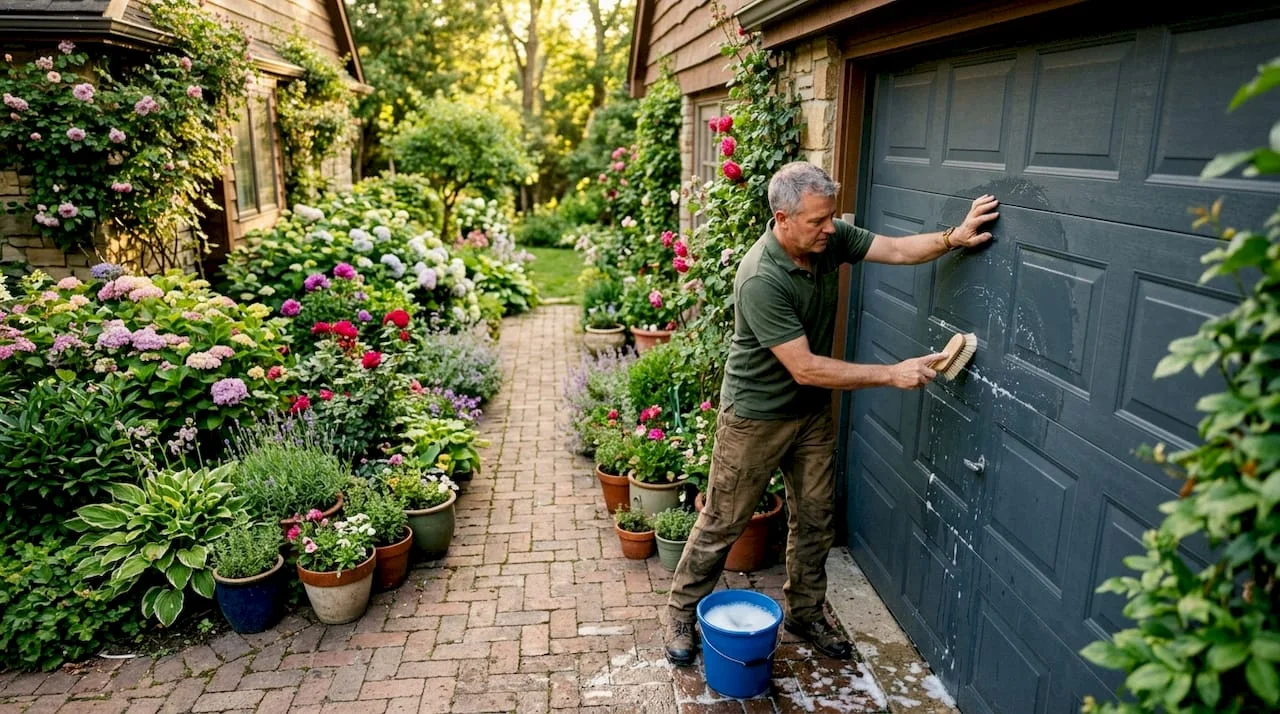 A homeowner cleaning a garage door with a long-handled brush before showing the home