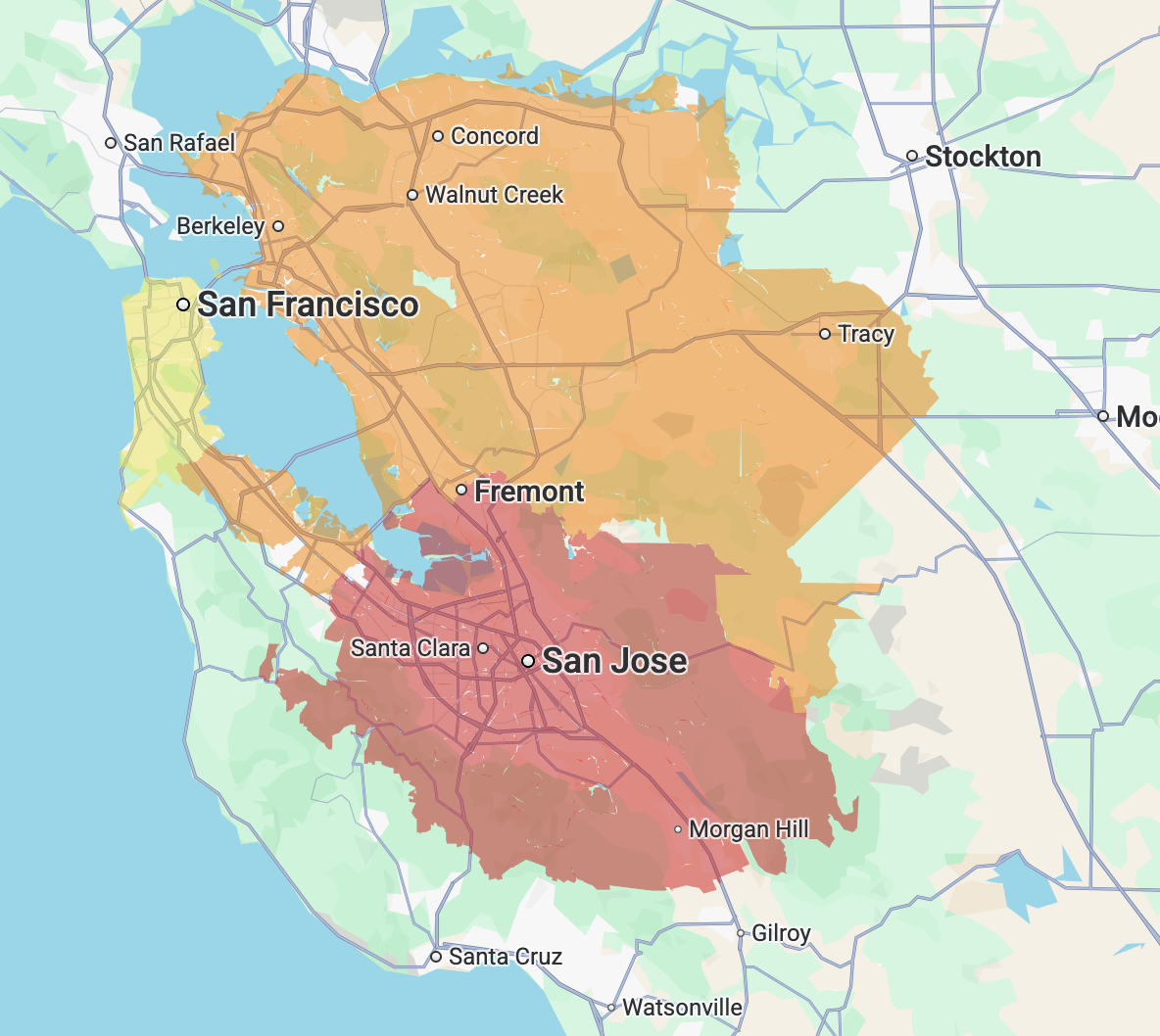 Valiant Garage Door service area reference map across the Bay Area and South Bay