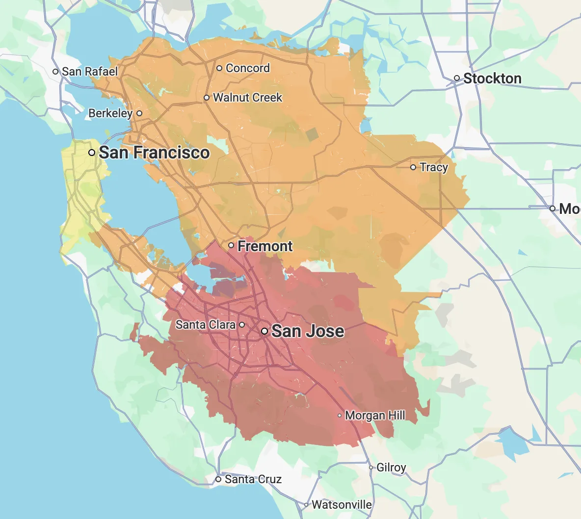 Valiant Garage Door service area reference map across the Bay Area and South Bay