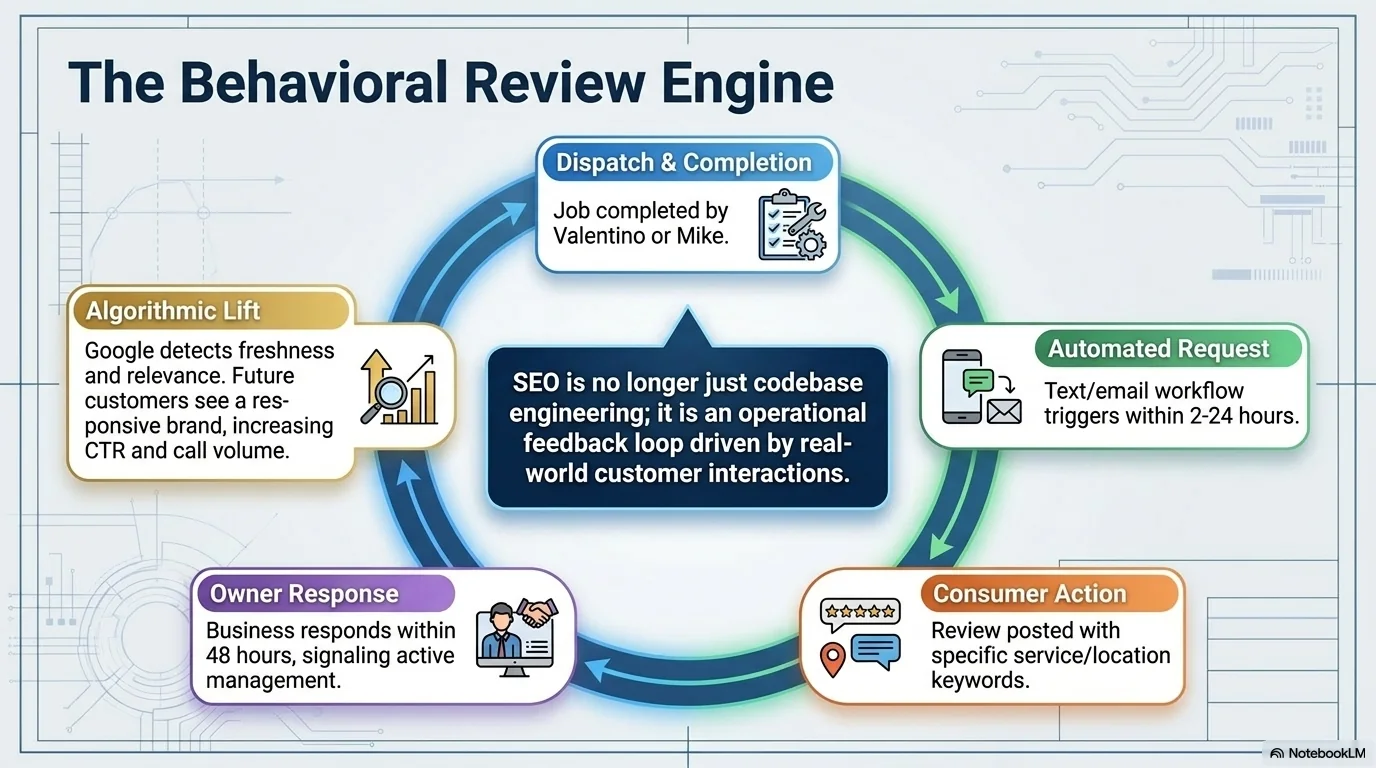 Behavioral review engine showing how completed garage door jobs become verified customer proof