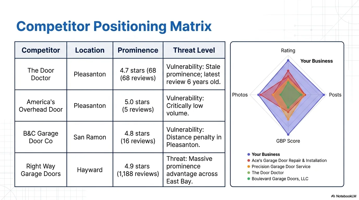 Competitor positioning matrix comparing garage door company review and profile strength