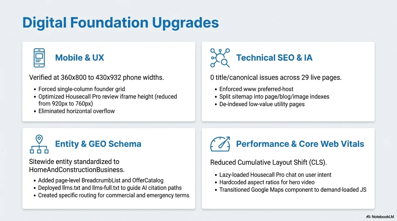 Digital foundation upgrades covering mobile UX technical SEO entity schema and Core Web Vitals