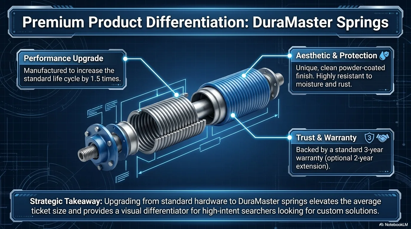 DuraMaster spring upgrade slide showing performance, protection, warranty, and strategic spring replacement value