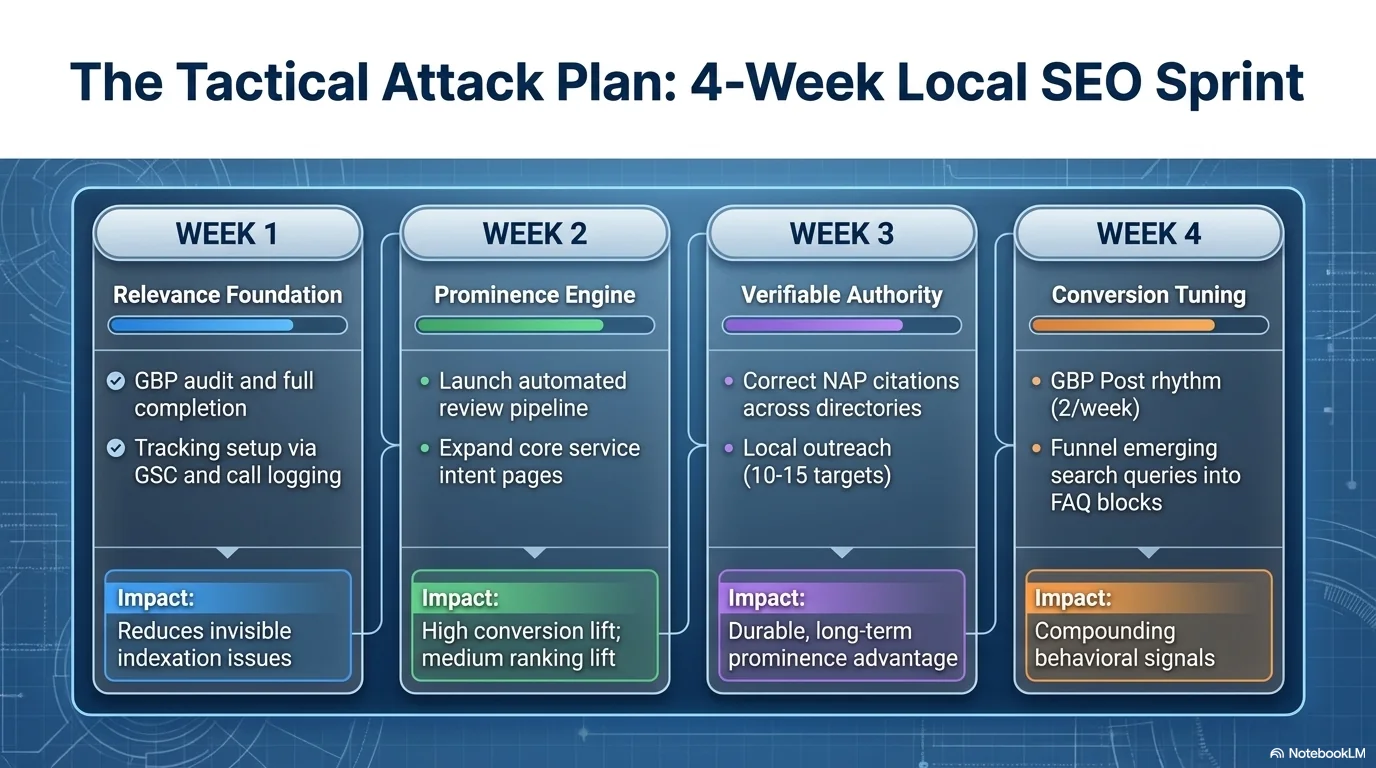 Four week local SEO sprint plan for relevance prominence authority and conversion tuning