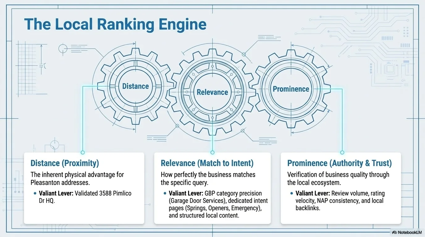 Local ranking engine explaining distance relevance and prominence for garage door search visibility