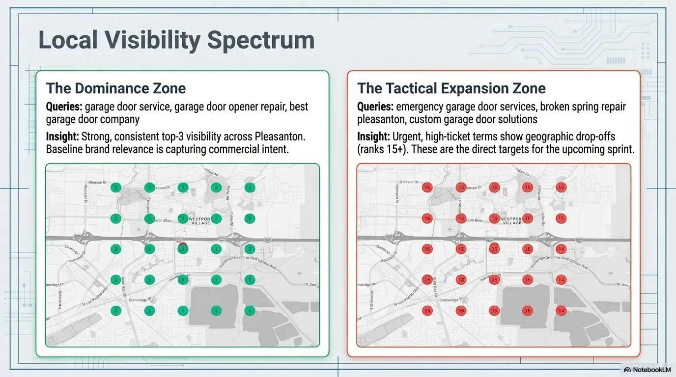 Local visibility spectrum showing dominance and tactical expansion zones for garage door searches