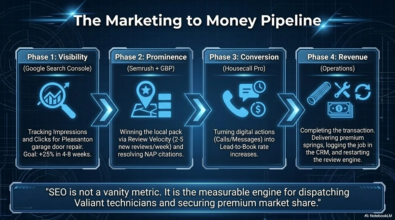 Marketing to money pipeline from visibility to prominence conversion and revenue for garage door service