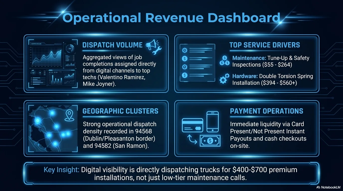 Operational dashboard showing dispatch volume service drivers geographic clusters and payment operations