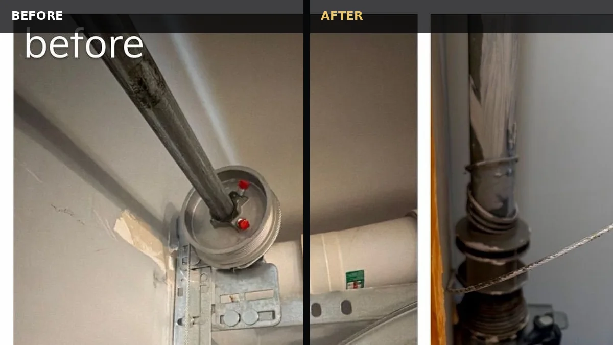 Wayne Dalton TorqueMaster end bracket and cable condition documented before component removal