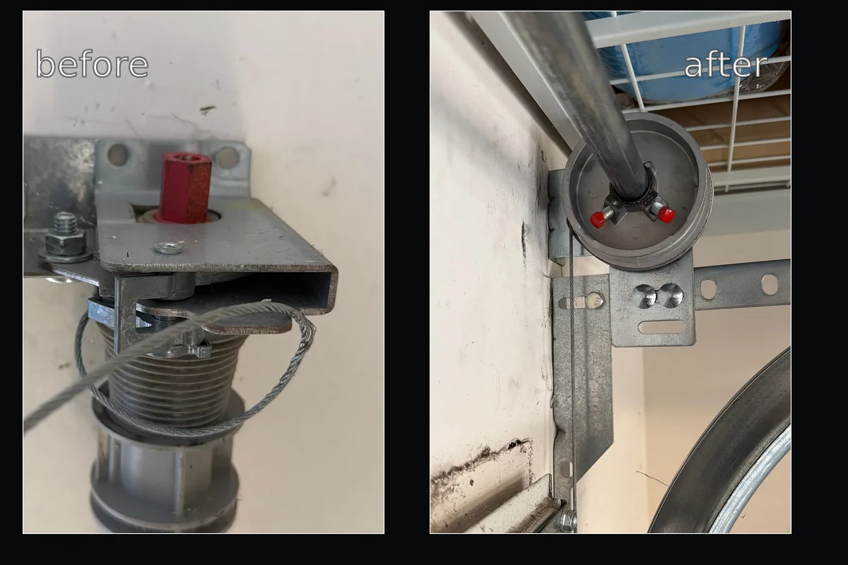 Wayne Dalton TorqueMaster end bracket and cable condition documented before component removal